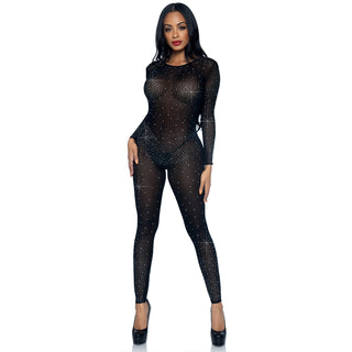 Sheer Rhinestone Catsuit - Black