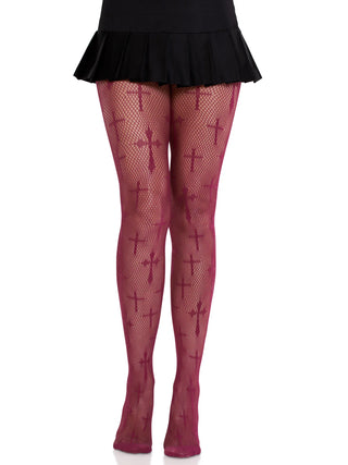 Burgundy Cross Fishnet Tights