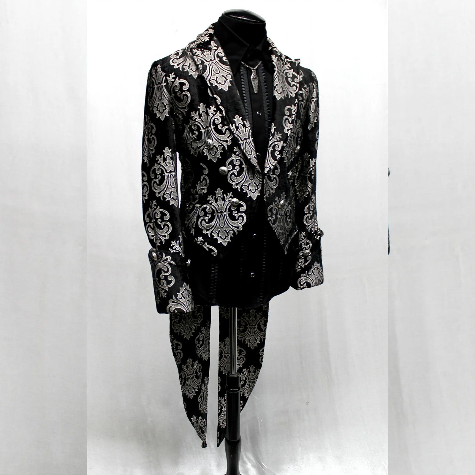 Imperial Tailcoat -Silver on Black Brocade – Vampfangs