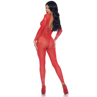 Sheer Rhinestone Catsuit - Red