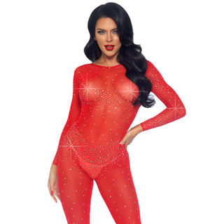 Sheer Rhinestone Catsuit - Red