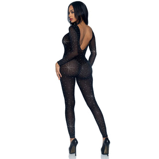 Sheer Rhinestone Catsuit - Black