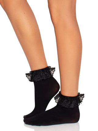 Lace Ruffle Black Nylon Anklet Socks