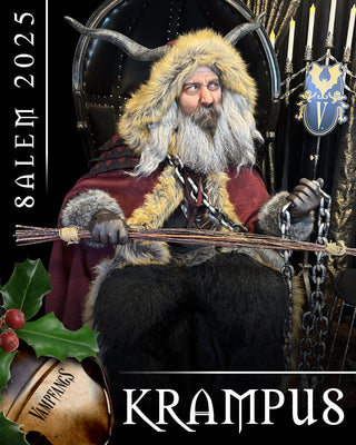 Krampus character at Vampfangs in Salem with broom and chains, surrounded by holly and candles, with 'Salem 2025 Krampus' text. Sitting in a big black balloon top gothic throne. 