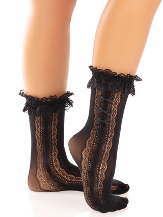 Sweetheart Black Lace Socks with Bows and Ruffle Cuff