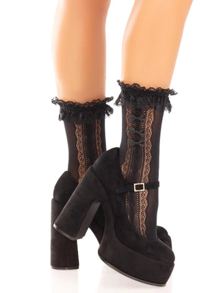 Sweetheart Black Lace Socks with Bows and Ruffle Cuff